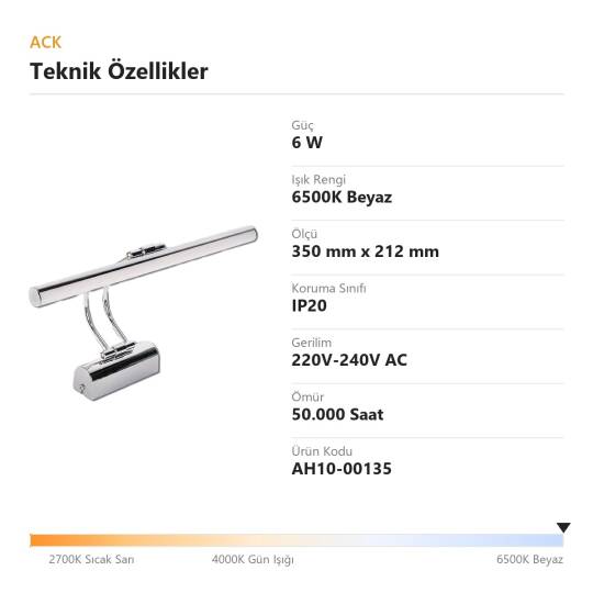 ACK 6W 6500K Beyaz LED Tablo Apliği (Krom) AH10-00135 - 4