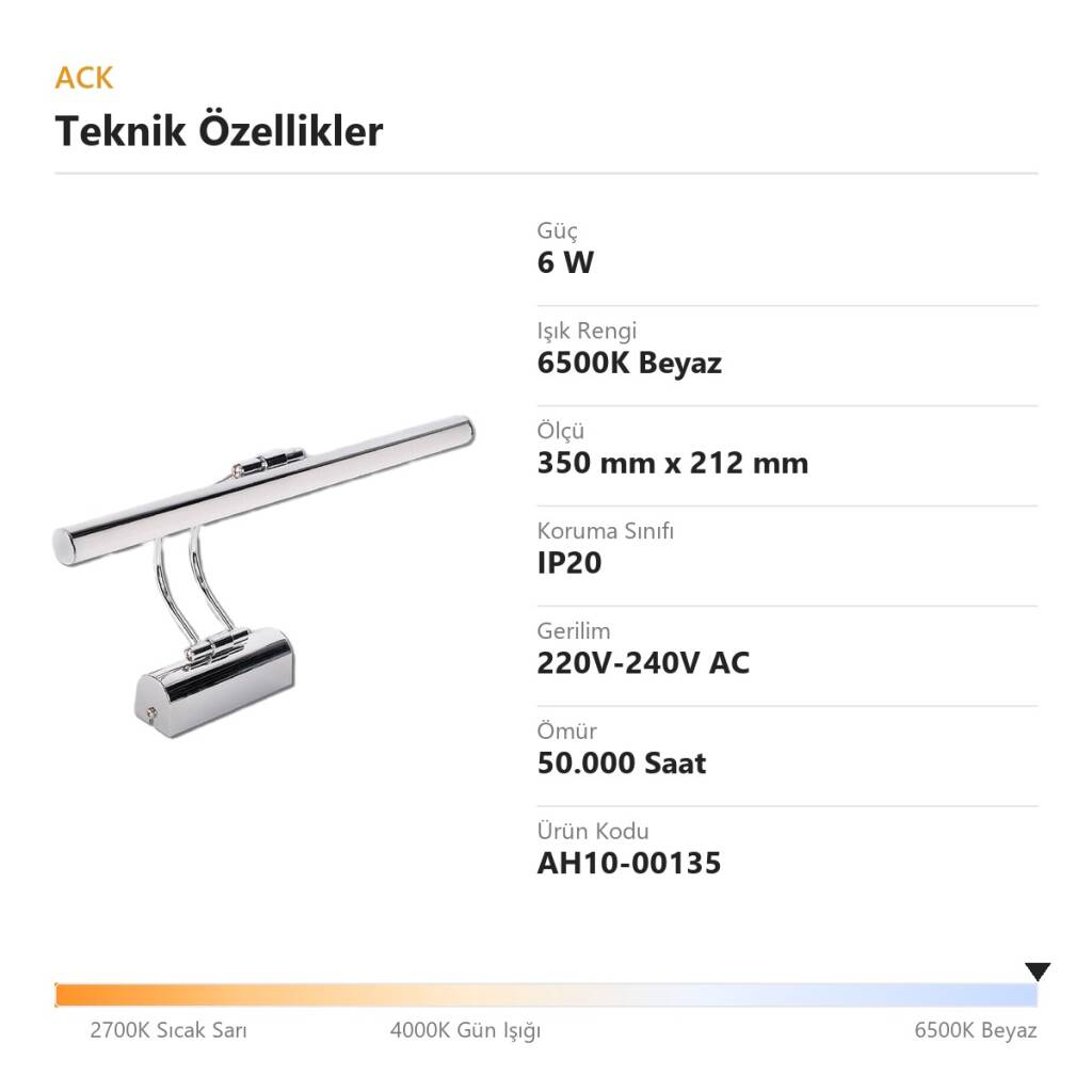 ACK 6W 6500K Beyaz LED Tablo Apliği (Krom) AH10-00135 - 4