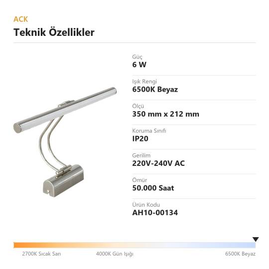 ACK 6W 6500K Beyaz LED Tablo Apliği (Saten) AH10-00134 - 4