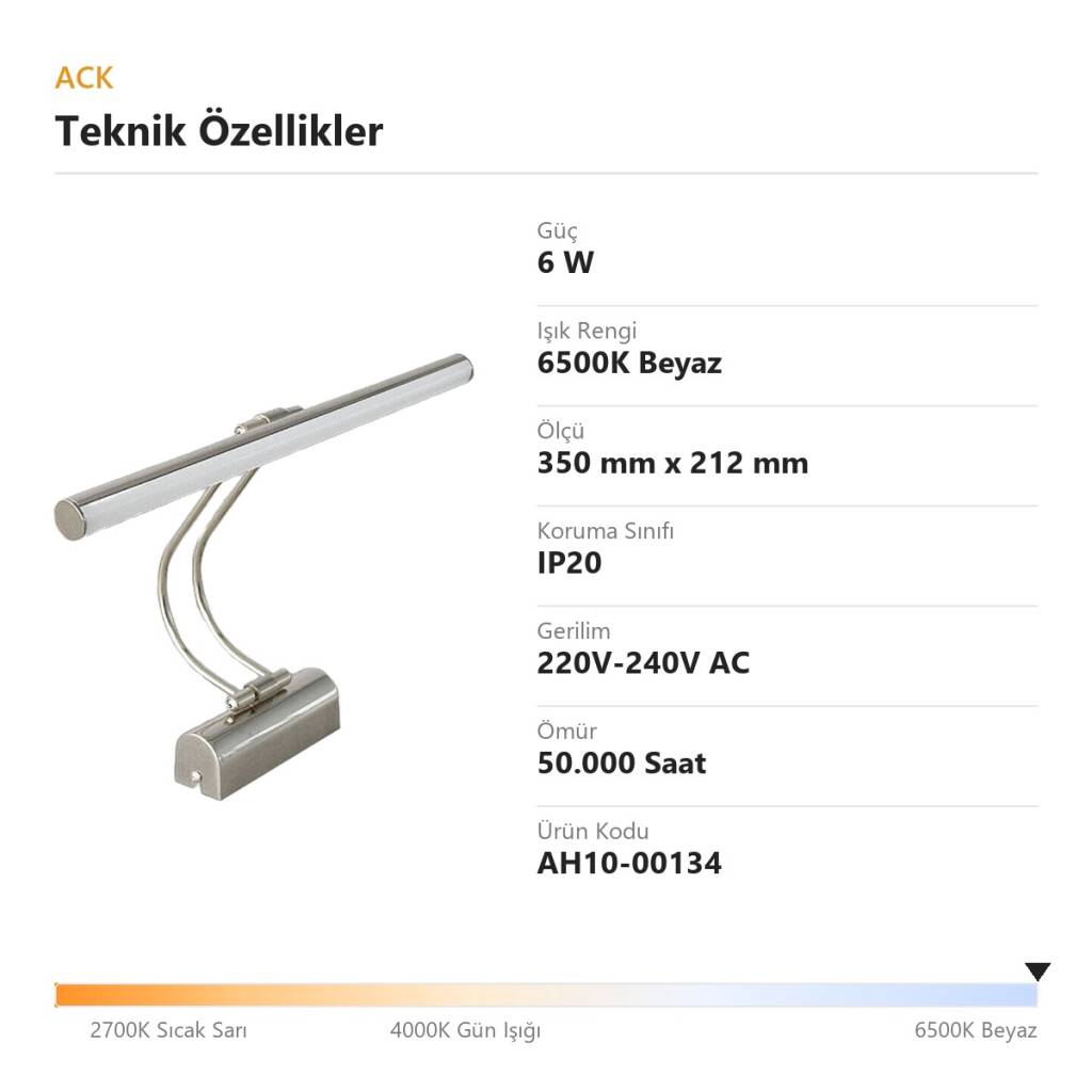 ACK 6W 6500K Beyaz LED Tablo Apliği (Saten) AH10-00134 - 4