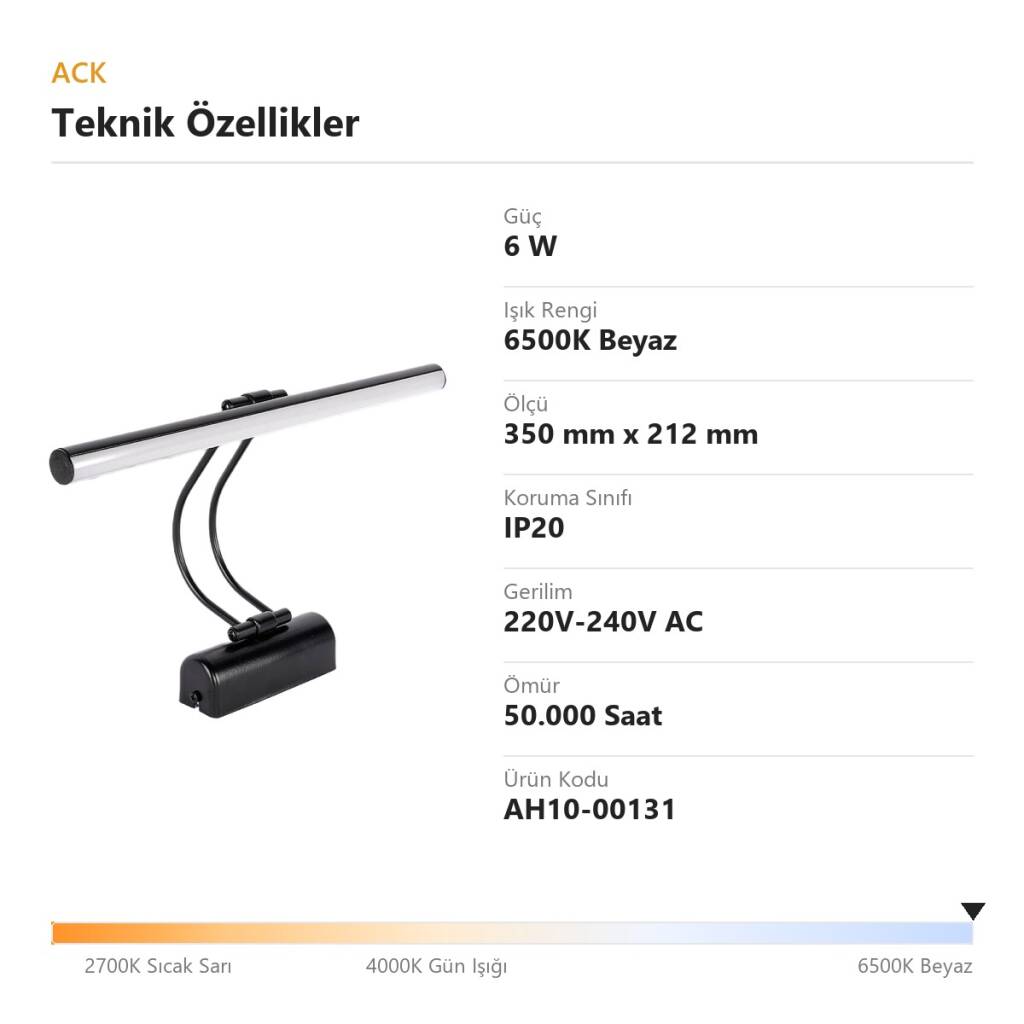 ACK 6W 6500K Beyaz LED Tablo Apliği (Siyah) AH10-00131 - 4