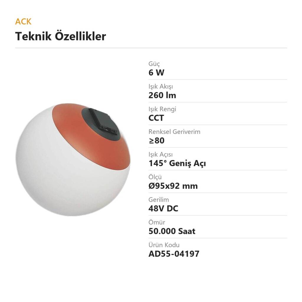 ACK 6W CCT (3 Renk) 48V Loomis Kemerli Sistem Armatürü Cam Difüzörlü Küre Spot (Koyu Kırmızı (Dark Red) + Beyaz Cam) AD55-04197 - 4