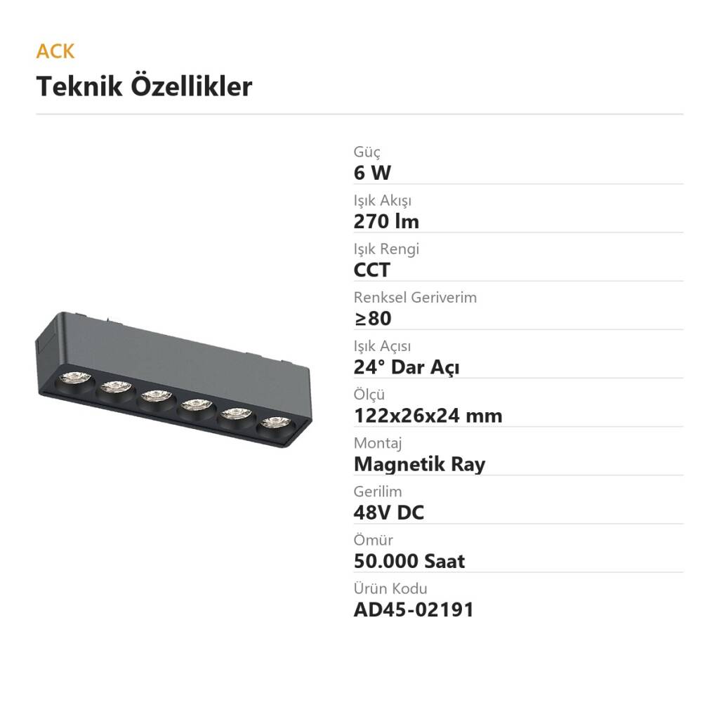 ACK 6W CCT (3 Renk) 48V Magnetik Ray Armatürü Çoklu Dot (Izgara) Siyah Kasa AD45-02191 - 4