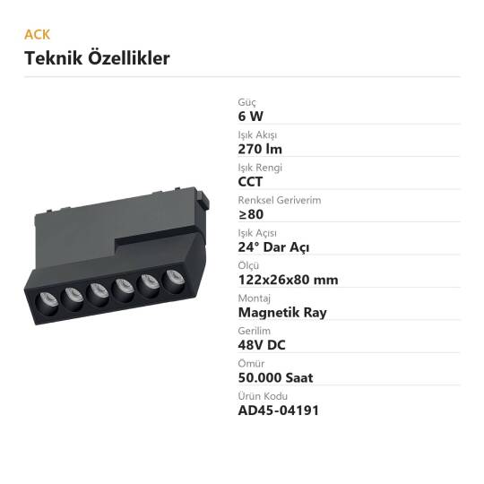ACK 6W CCT (3 Renk) 48V Magnetik Ray Armatürü Hareketli Açılı Dot (Izgara) Siyah Kasa AD45-04191 - 4