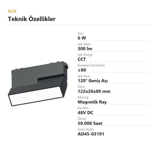 ACK 6W CCT (3 Renk) 48V Magnetik Ray Armatürü Hareketli Açılı Düz Siyah Kasa AD45-03191 - 4