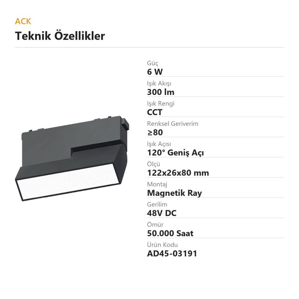 ACK 6W CCT (3 Renk) 48V Magnetik Ray Armatürü Hareketli Açılı Düz Siyah Kasa AD45-03191 - 4