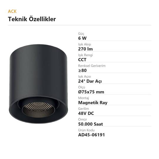 ACK 6W CCT (3 Renk) 48V Magnetik Ray Armatürü Sabit Silindir Siyah Kasa AD45-06191 - 4