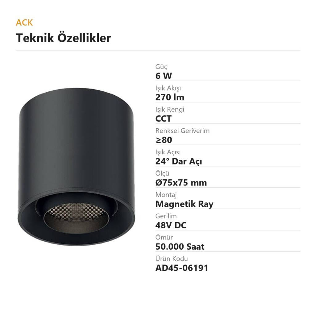ACK 6W CCT (3 Renk) 48V Magnetik Ray Armatürü Sabit Silindir Siyah Kasa AD45-06191 - 4