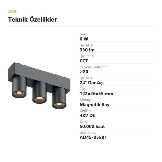 ACK 6W CCT (3 Renk) 48V Magnetik Ray Armatürü Üçlü Mini Silindir Spot Siyah Kasa AD45-05591 - 4