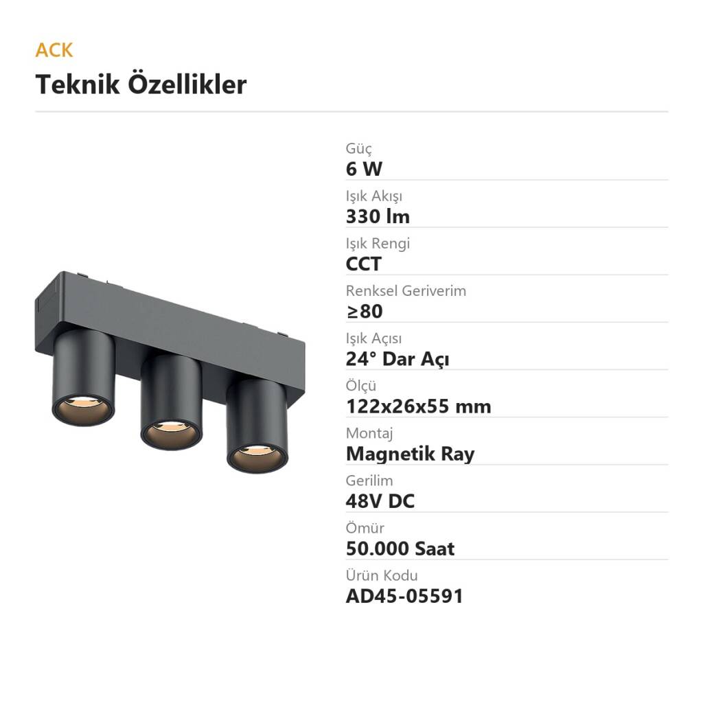 ACK 6W CCT (3 Renk) 48V Magnetik Ray Armatürü Üçlü Mini Silindir Spot Siyah Kasa AD45-05591 - 4