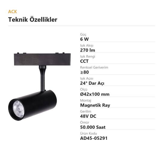 ACK 6W CCT (3 Renk) 48V Magnetik Ray Armatürü Yönlendirilebilir Silindir Spot Siyah Kasa AD45-05291 - 4