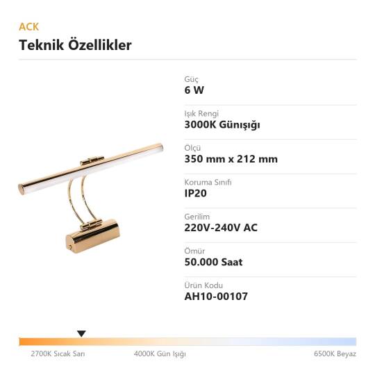 ACK 6W 3000K Günışığı LED Tablo Apliği (Altın) AH10-00107 - 4