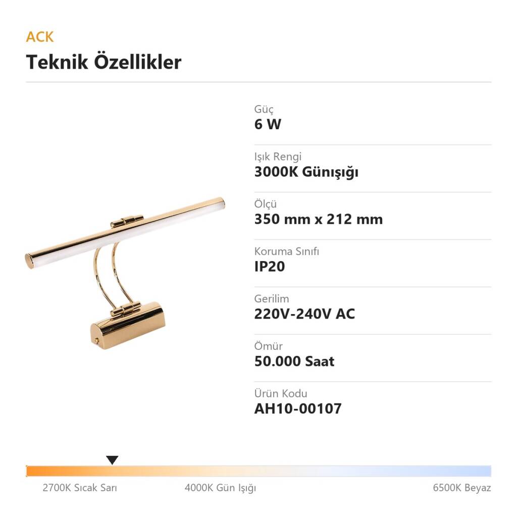 ACK 6W 3000K Günışığı LED Tablo Apliği (Altın) AH10-00107 - 4