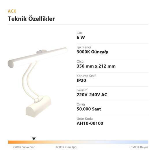 ACK 6W 3000K Günışığı LED Tablo Apliği (Beyaz) AH10-00100 - 4