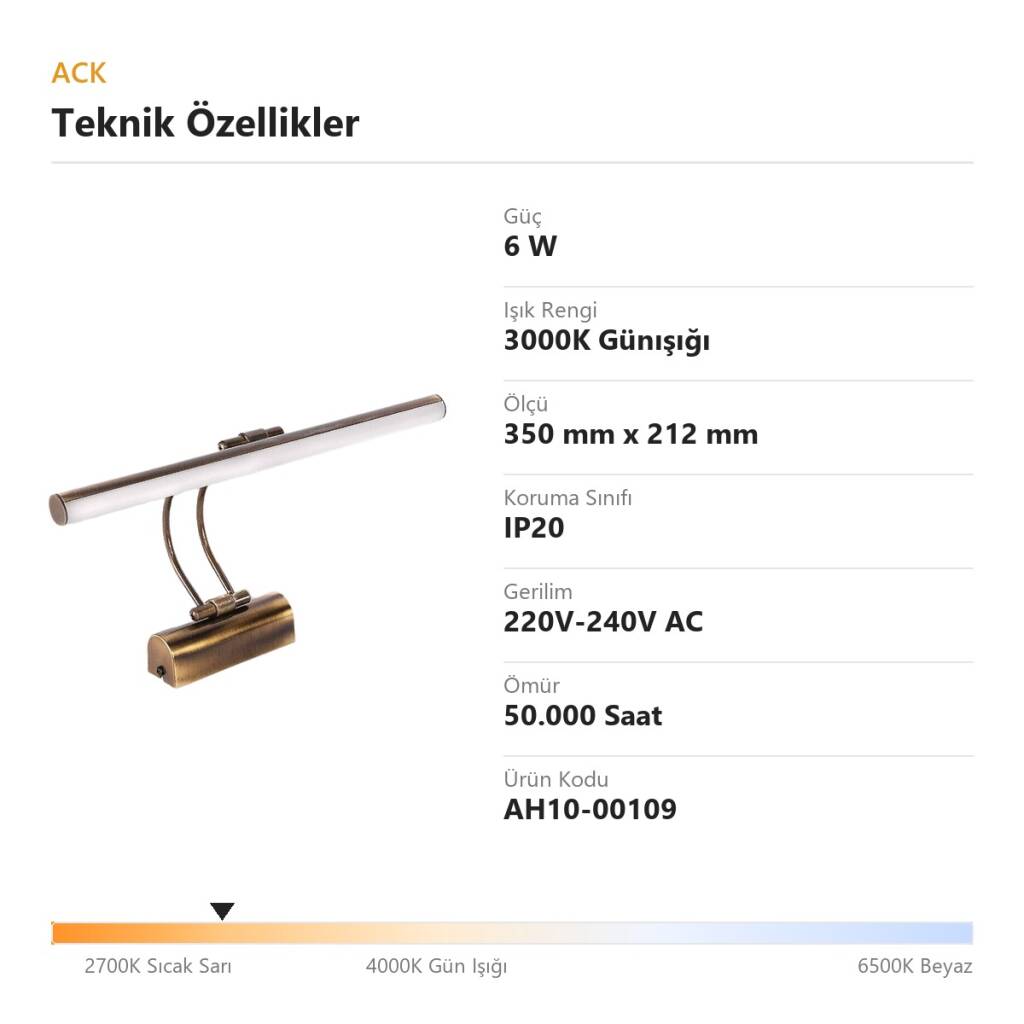 ACK 6W 3000K Günışığı LED Tablo Apliği (Eskitme) AH10-00109 - 4