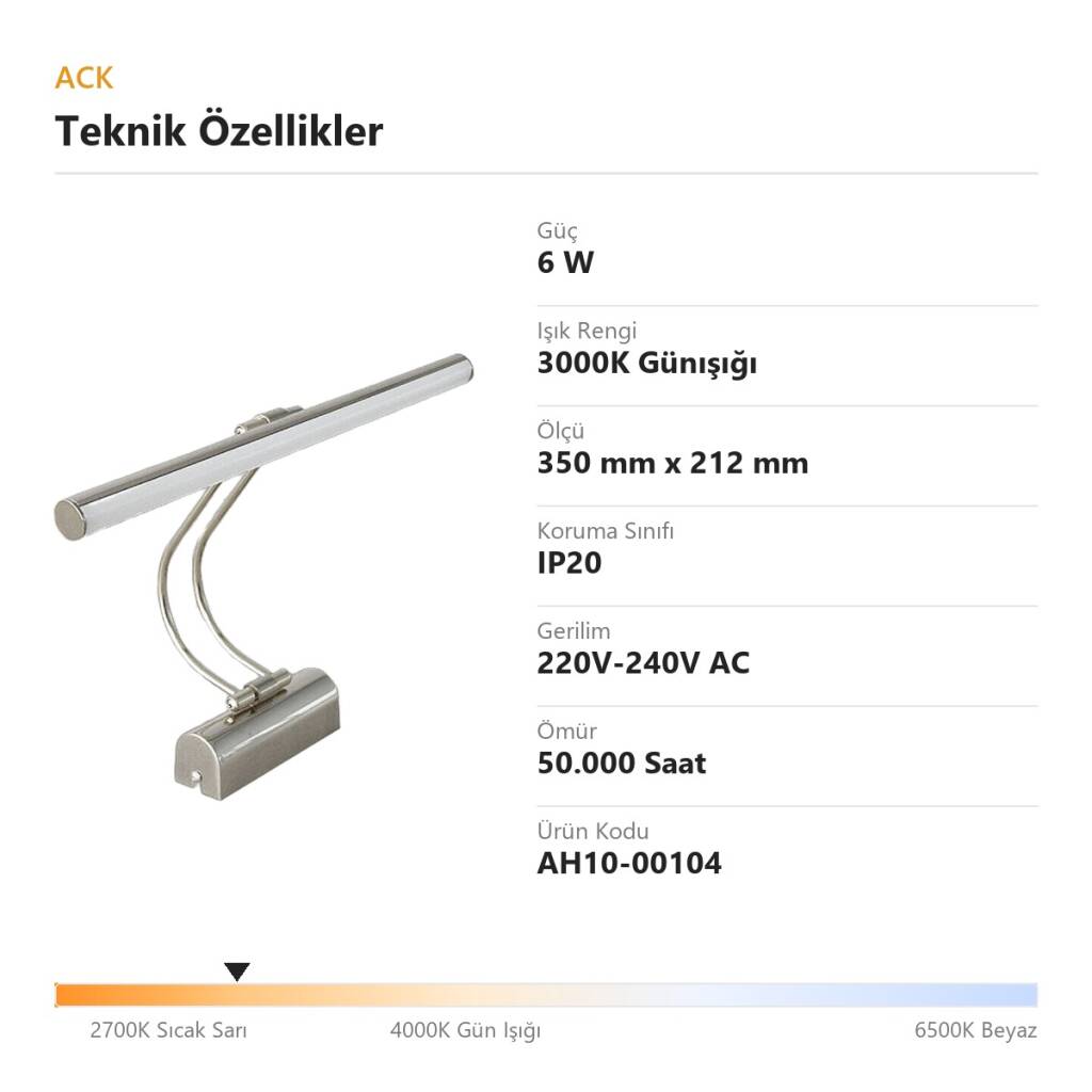 ACK 6W 3000K Günışığı LED Tablo Apliği (Saten) AH10-00104 - 4