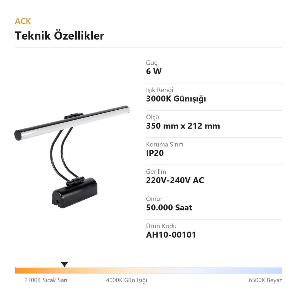 ACK 6W 3000K Günışığı LED Tablo Apliği (Siyah) AH10-00101 - 4