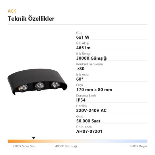 ACK 6x1W 3000K Günışığı 465 lm Alüminyum Dekoratif Duvar Apliği AH07-07201 - 4