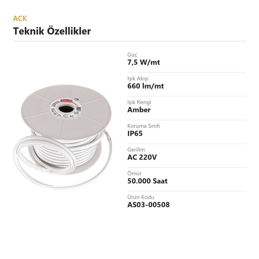 ACK 7,5W/mt Amber 660 lm/mt 220V Klasik LED Neon Hortum (50mt Rulo) AS03-00508 - 4