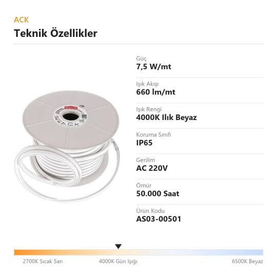 ACK 7,5W/mt 4000K Ilık Beyaz 660 lm/mt 220V Klasik LED Neon Hortum (50mt Rulo) AS03-00501 - 4