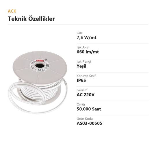 ACK 7,5W/mt Yeşil 660 lm/mt 220V Klasik LED Neon Hortum (50mt Rulo) AS03-00505 - 4