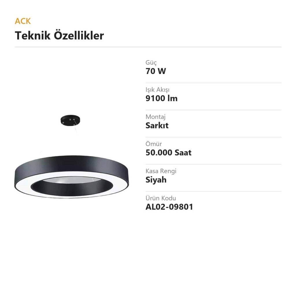 ACK 70W Geniş Çaplı Dekoratif Linear Sarkıt Armatür Ø80 cm Yuvarlak Halka Siyah Kasa AL02-09801 - 4