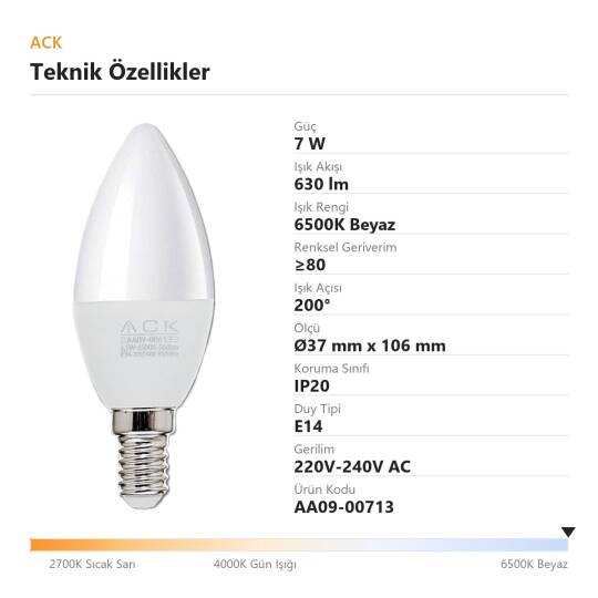 ACK 7W C37 Mum Tipi E14 6500K Beyaz 630 lm LED Ampul AA09-00713 - 4
