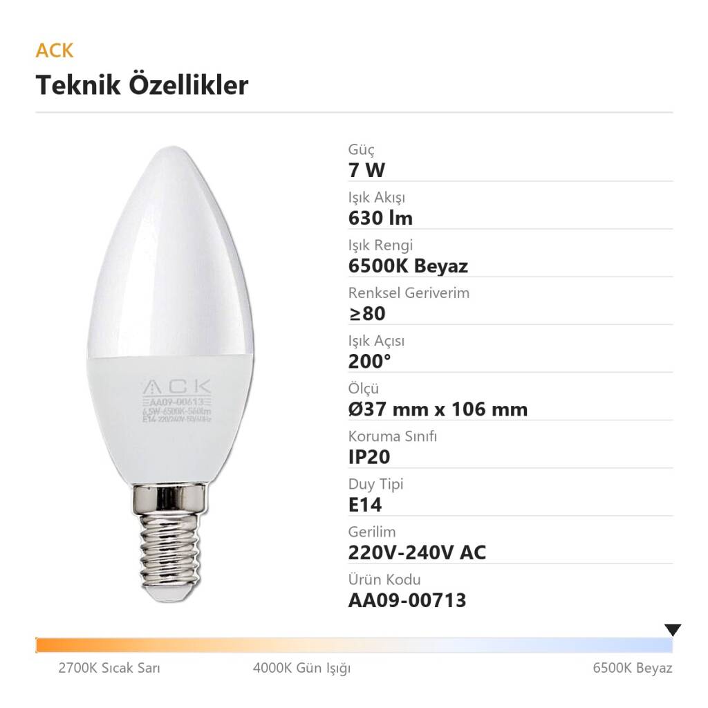 ACK 7W C37 Mum Tipi E14 6500K Beyaz 630 lm LED Ampul AA09-00713 - 4