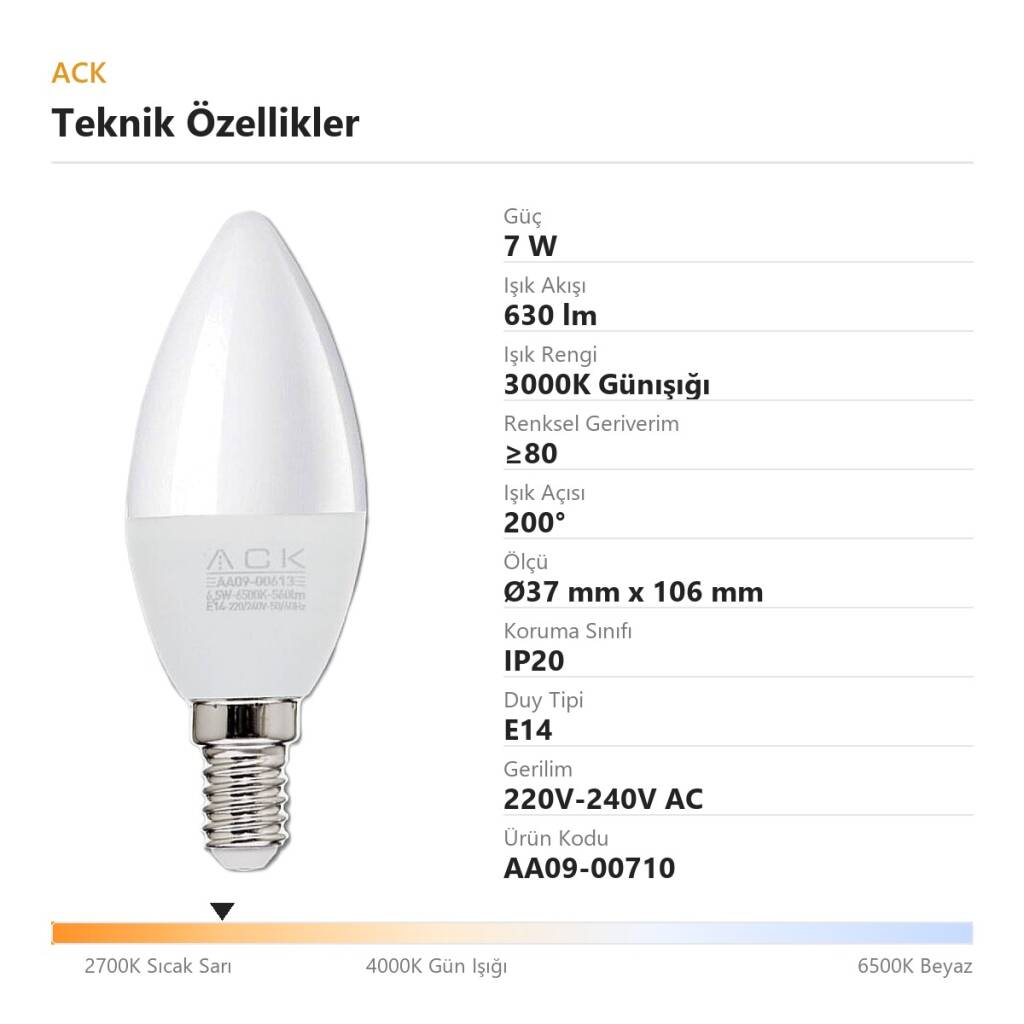 ACK 7W C37 Mum Tipi E14 3000K Günışığı 630 lm LED Ampul AA09-00710 - 4