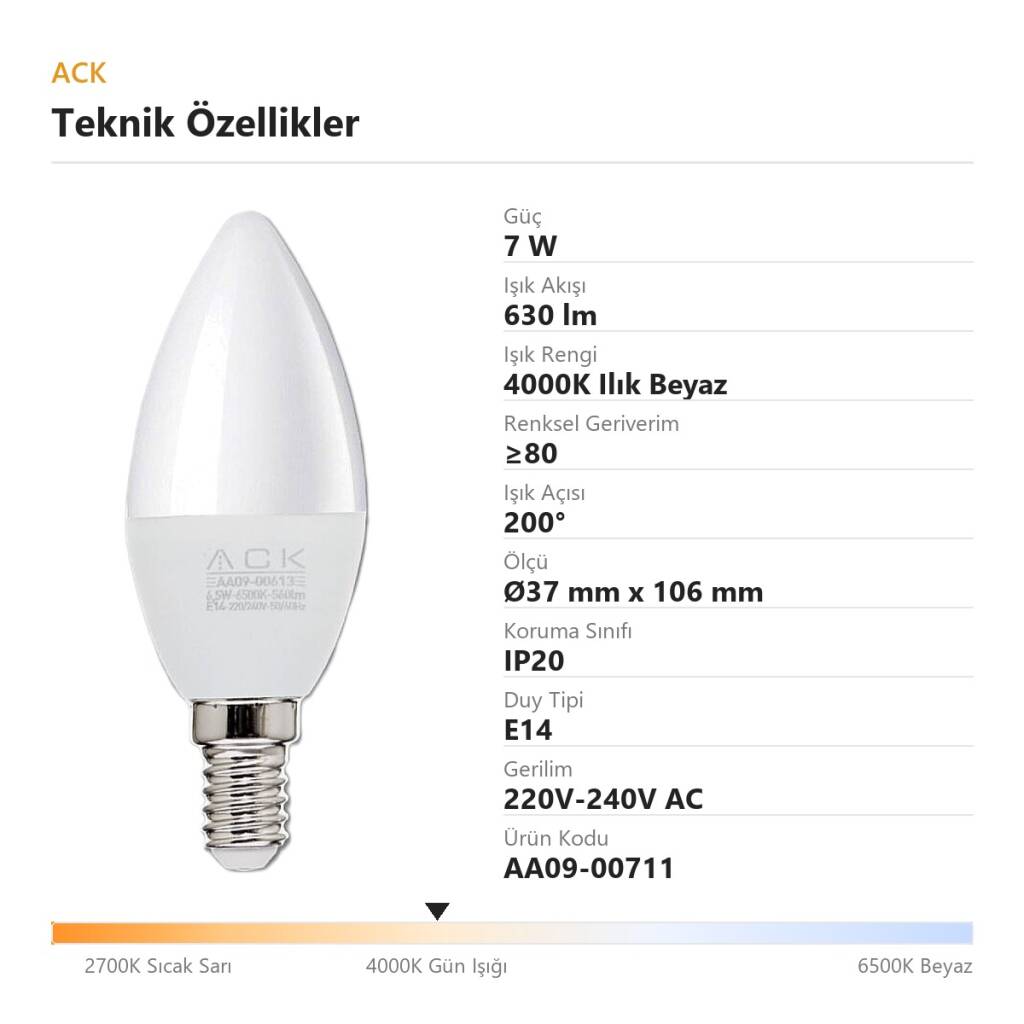 ACK 7W C37 Mum Tipi E14 4000K Ilık Beyaz 630 lm LED Ampul AA09-00711 - 4