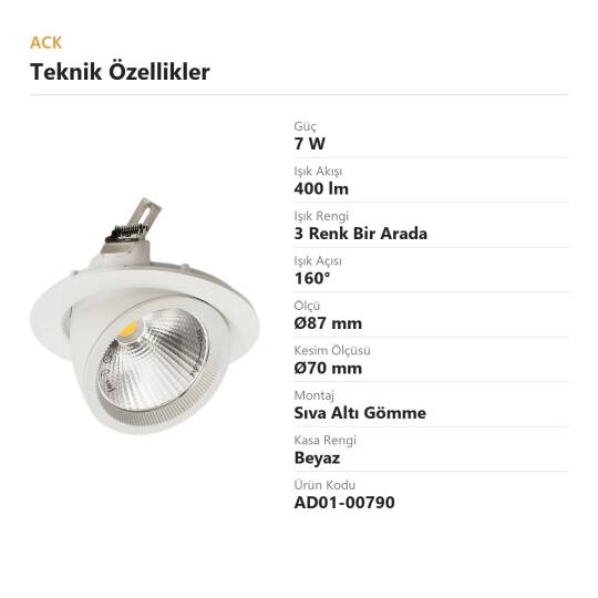 ACK 7W CCT (3 Renk) 400lm Sıva Altı Hafızalı Yuvarlak Led Spot (Ø87 mm Beyaz Kasa) AD01-00790 - 4