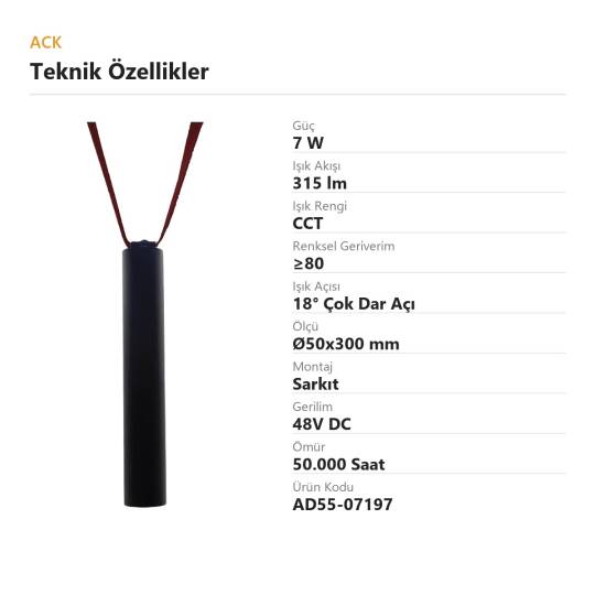 ACK 7W CCT (3 Renk) 48V Loomis Kemerli Sistem Armatürü Dikey Silindir Sarkıt (Siyah) AD55-07197 - 4