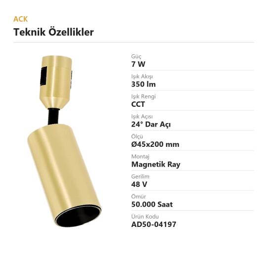 ACK 7W CCT (3 Renk) 48V Rétro Magnetik Ray Armatürü Eğik (Oynar Başlıklı) Silindir Spot (Bakır (Copper)) AD50-04197 - 4