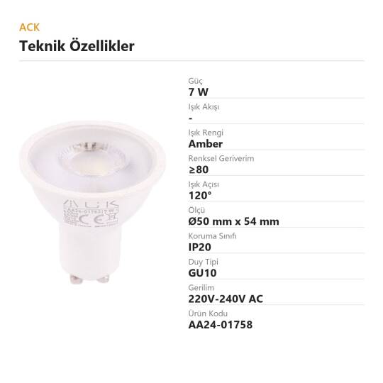 ACK 7W GU10 Lensli GU10 Amber - LED Ampul AA24-01758 - 4