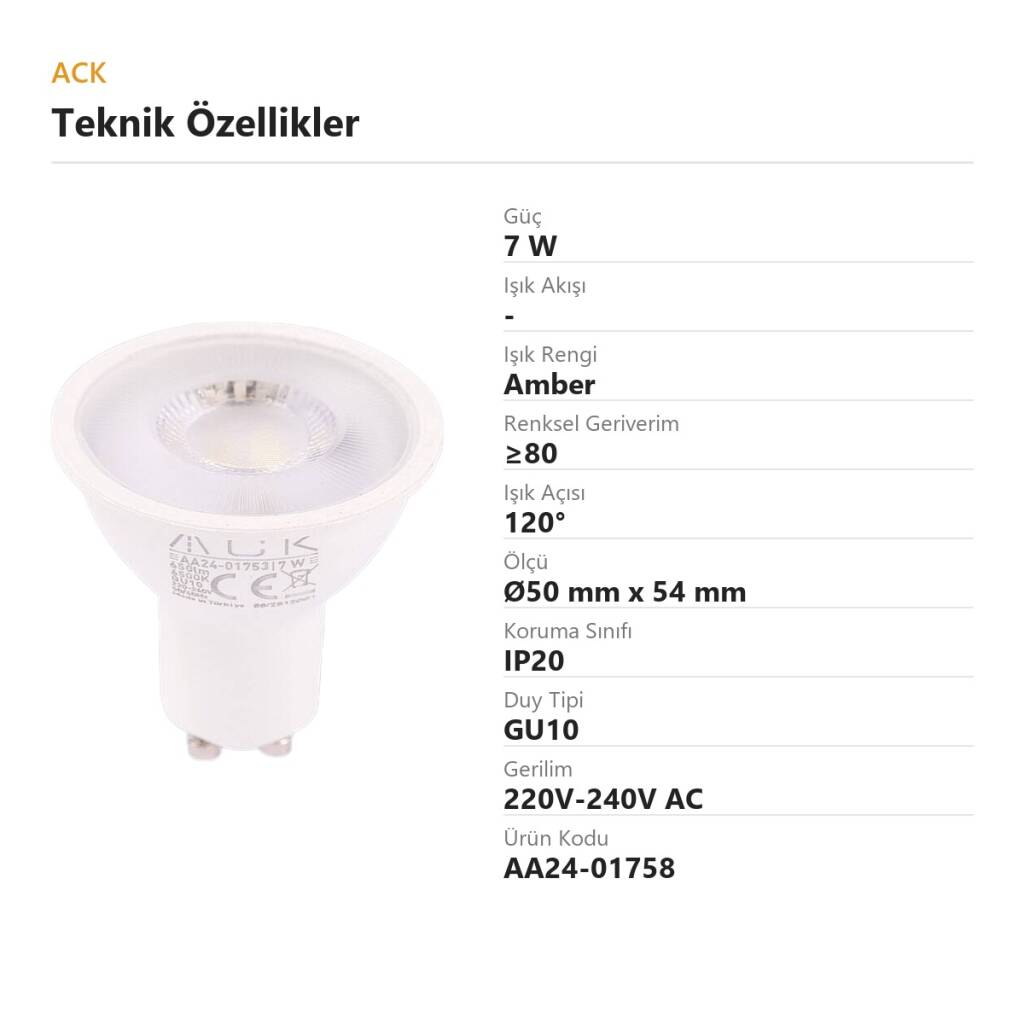 ACK 7W GU10 Lensli GU10 Amber - LED Ampul AA24-01758 - 4