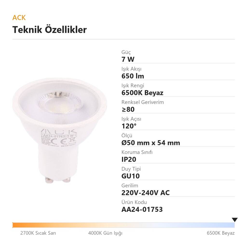 ACK 7W GU10 Lensli GU10 6500K Beyaz 650 lm LED Ampul AA24-01753 - 4