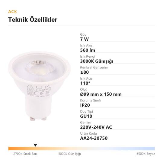 ACK 7W GU10 Lensli GU10 3000K Günışığı 560 lm LED Ampul AA24-20750 - 4
