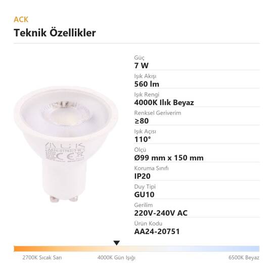 ACK 7W GU10 Lensli GU10 4000K Ilık Beyaz 560 lm LED Ampul AA24-20751 - 4