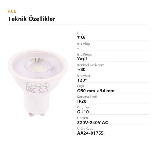 ACK 7W GU10 Lensli GU10 Yeşil - LED Ampul AA24-01755 - 4