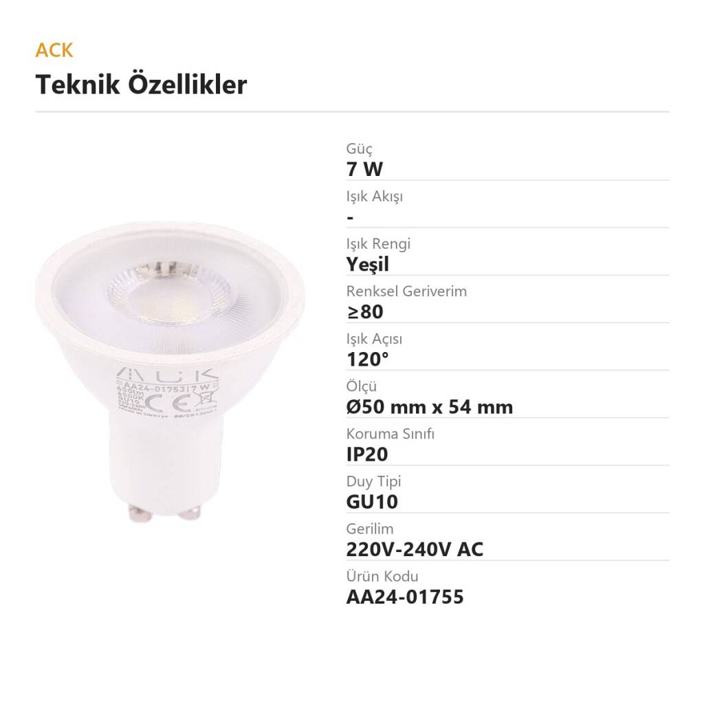 ACK 7W GU10 Lensli GU10 Yeşil - LED Ampul AA24-01755 - 4