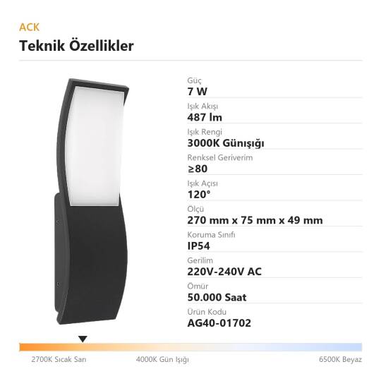 ACK 7W 3000K Günışığı 487 lm Norma Alüminyum Duvar Apliği (Norma A) AG40-01702 - 4