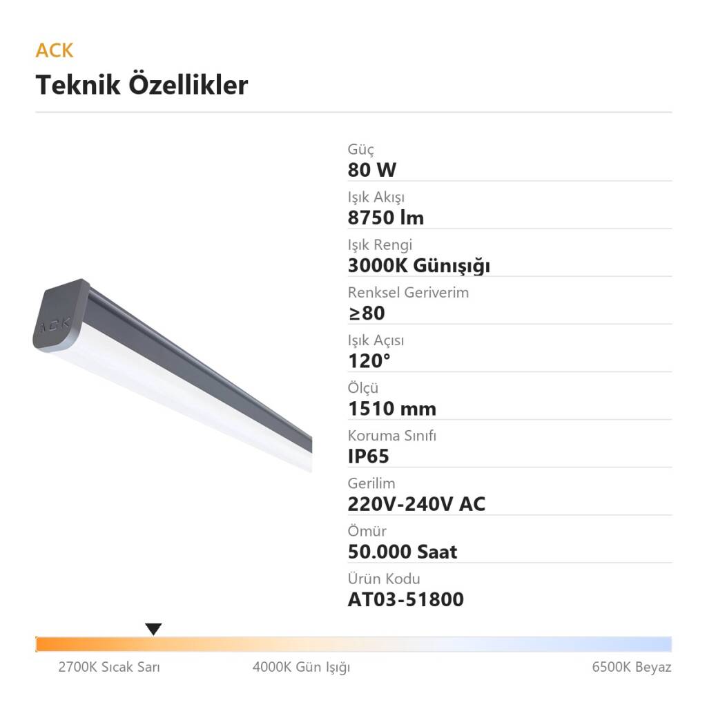 ACK 80W 1510mm 3000K Günışığı LED Bant Etanj Armatürü (Sensörlü) AT03-51800 - 4