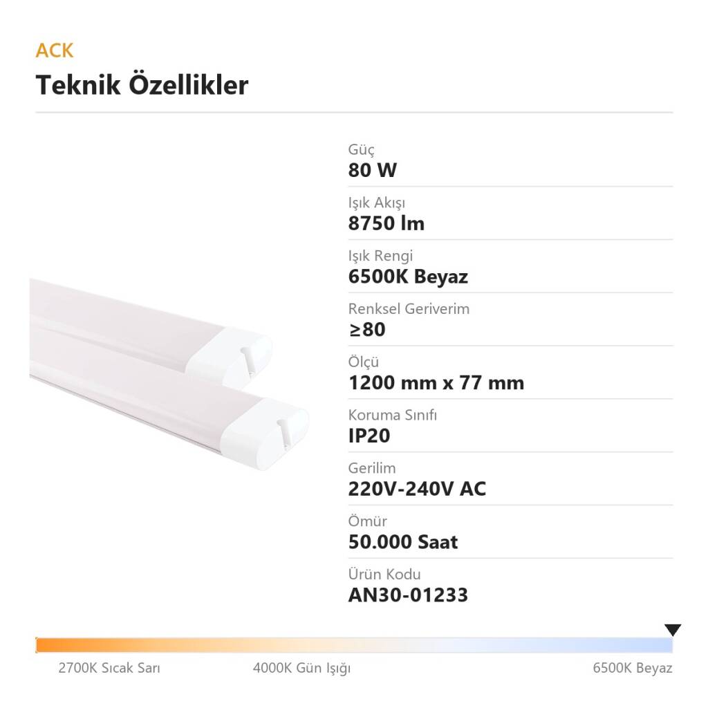 ACK 80W 6500K Beyaz 8750lm Titan LED Bant Armatür AN30-01233 - 4