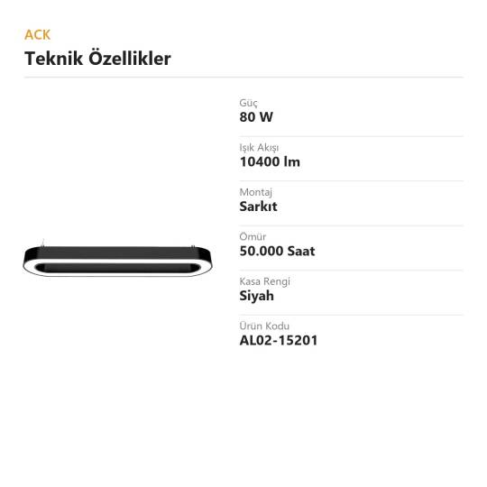 ACK 80W Geniş Çaplı Dekoratif Linear Sarkıt Armatür 120 cm Oval Uzun Siyah Kasa AL02-15201 - 4