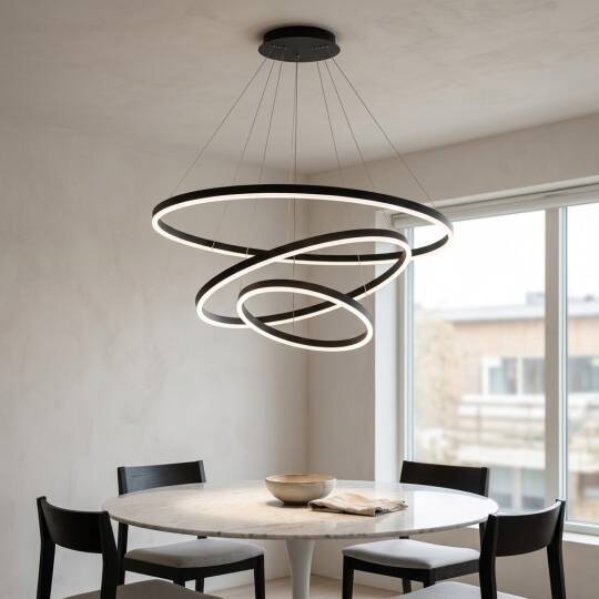 ACK 85W Çok Katlı (Halkalı) Devasa Dekoratif Sarkıt Avize 40x60x80 cm (3 Katlı Asimetrik Halka) Siyah Kasa AL02-28201 - 2