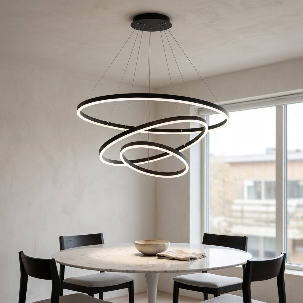 ACK 85W Çok Katlı (Halkalı) Devasa Dekoratif Sarkıt Avize 40x60x80 cm (3 Katlı Asimetrik Halka) Siyah Kasa AL02-28201 - 2