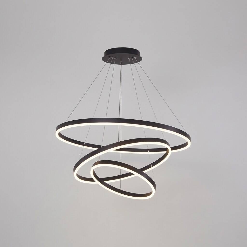 ACK 85W Çok Katlı (Halkalı) Devasa Dekoratif Sarkıt Avize 40x60x80 cm (3 Katlı Asimetrik Halka) Siyah Kasa AL02-28201 - 3