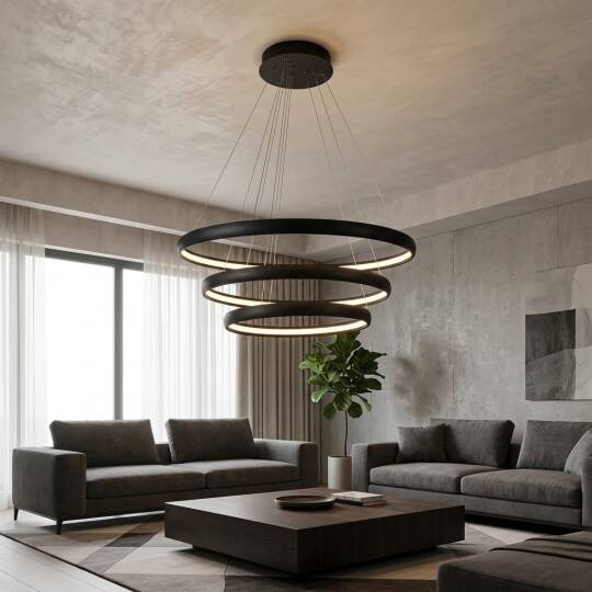 ACK 85W Çok Katlı (Halkalı) Devasa Dekoratif Sarkıt Avize 40x60x80 cm (3 Katlı Yuvarlak Halka) Siyah Kasa AL02-29401 - 2