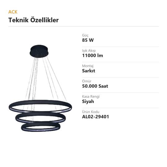 ACK 85W Çok Katlı (Halkalı) Devasa Dekoratif Sarkıt Avize 40x60x80 cm (3 Katlı Yuvarlak Halka) Siyah Kasa AL02-29401 - 4