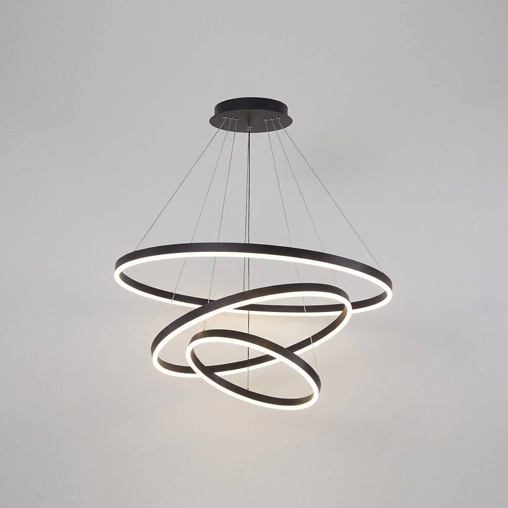 ACK 85W Çok Katlı (Halkalı) Devasa Dekoratif Sarkıt Avize 50x60x70 cm (3 Katlı Asimetrik Halka) Siyah Kasa AL02-28101 - 3